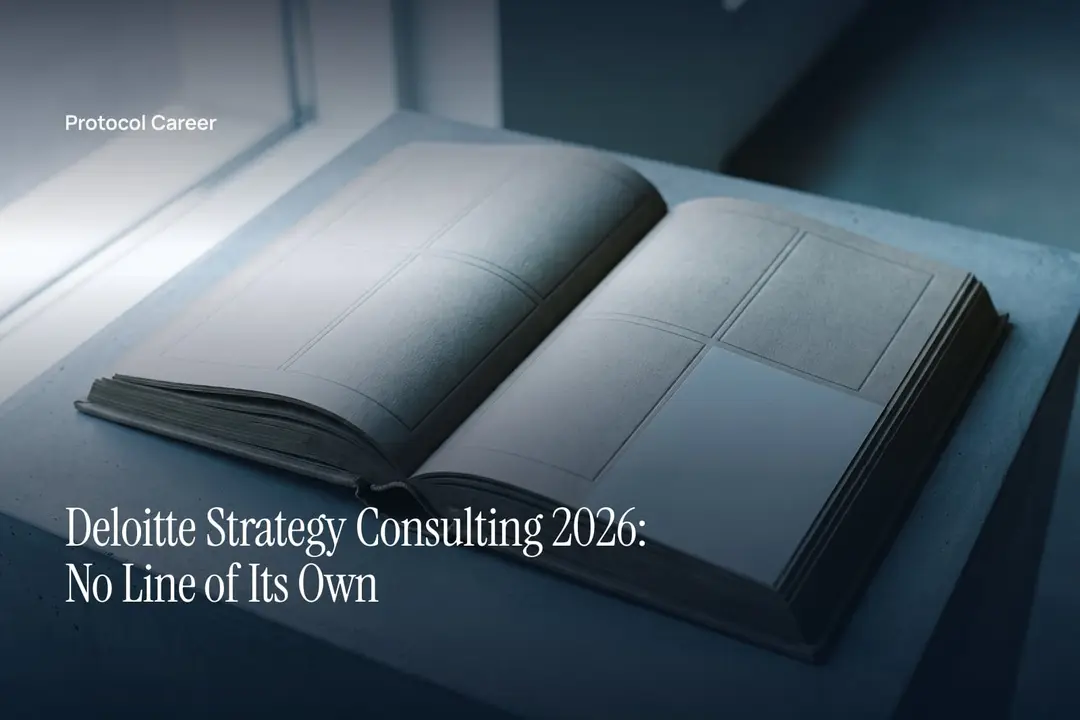 An open, blank grey financial ledger featuring debossed grid lines resting on a smooth neutral surface. Title: “Deloitte Strategy Consulting 2026: No Line of Its Own”, over the Protocol Career wordmark.