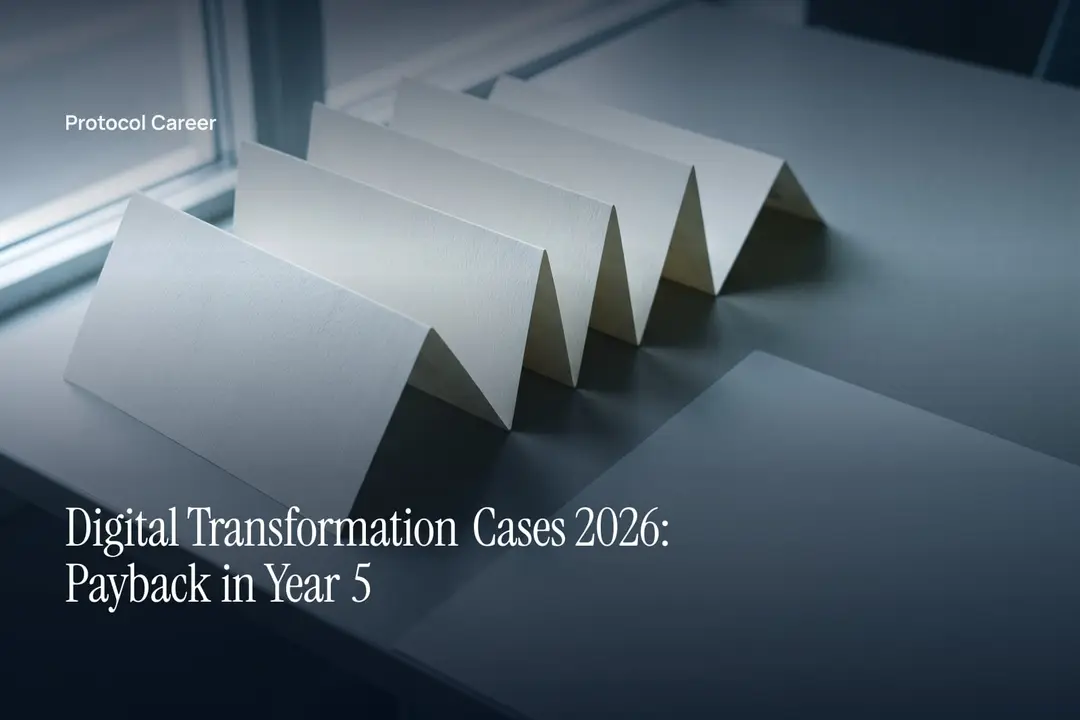 An unprinted cream paper document with five accordion folds rests on a smooth grey surface. Title: “Digital Transformation Cases 2026: Payback in Year 5”, over the Protocol Career wordmark.