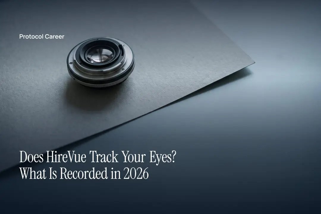 A circular glass camera lens sits on a blank grey paper surface under soft directional light. Title: “Does HireVue Track Your Eyes? What Is Recorded in 2026”, over the Protocol Career wordmark.