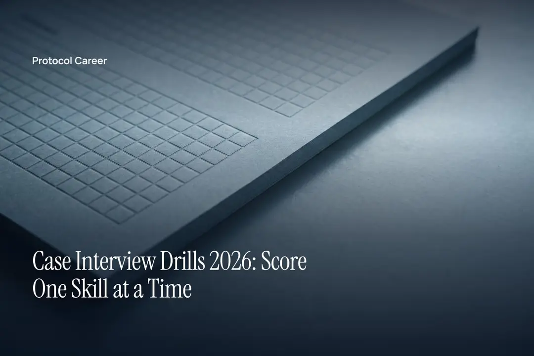 A thick grey paper sheet with a debossed blank grid resting on a neutral stone surface. Title: “Case Interview Drills 2026: Score One Skill at a Time”, over the Protocol Career wordmark.