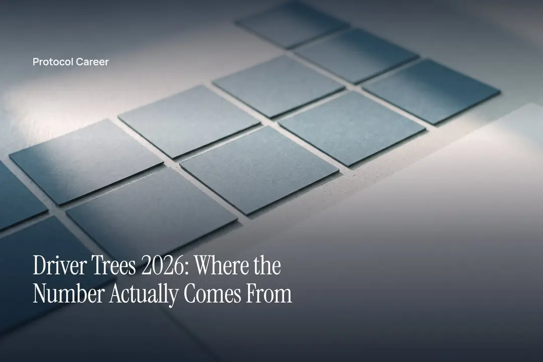 Blank paper tiles arranged in a clean branching hierarchy on a smooth matte surface under soft light. Title: “Driver Trees 2026: Where the Number Actually Comes From”, over the Protocol Career wordmark.