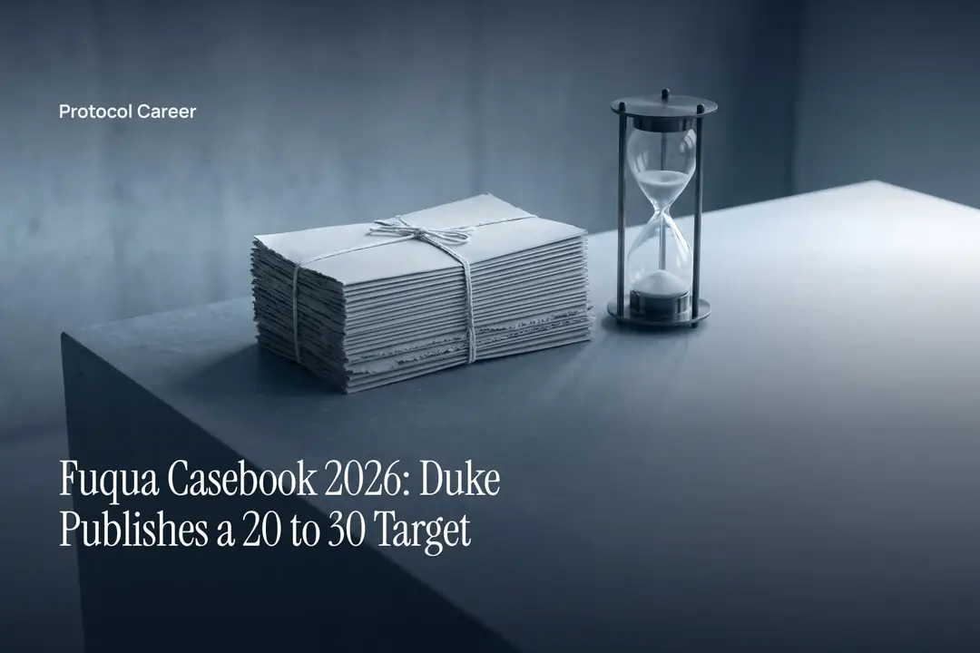 A stack of blank cardstock folios and a small unmarked hourglass resting on a neutral stone surface. Title: “Fuqua Casebook 2026: Duke Publishes a 20 to 30 Target”, over the Protocol Career wordmark.
