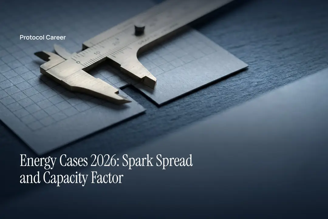 A brass caliper rests on unlabelled gridded paper over a dark slate surface with generous negative space. Title: “Energy Cases 2026: Spark Spread and Capacity Factor”, over the Protocol Career wordmark.