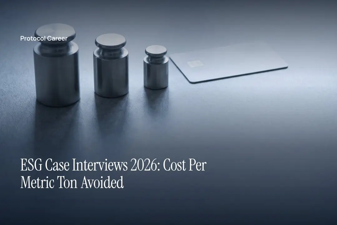 Three precision metal calibration weights sit in descending order on a neutral stone surface. Title: “ESG Case Interviews 2026: Cost Per Metric Ton Avoided”, over the Protocol Career wordmark.