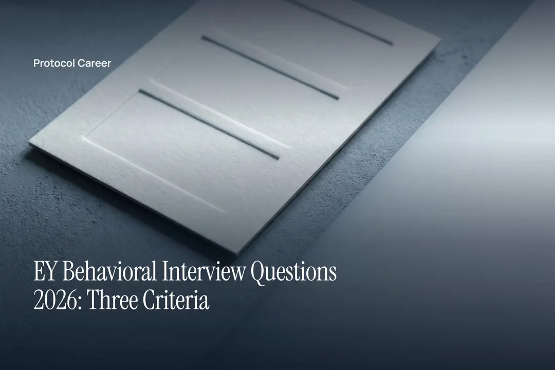 An off-white card with three blind-debossed blank columns lies on a neutral grey surface in soft light. Title: “EY Behavioral Interview Questions 2026: Three Criteria”, over the Protocol Career wordmark.