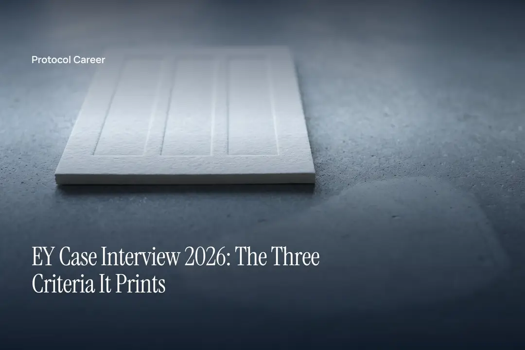 A blank, thick paper card with three debossed columns resting on a neutral stone surface. Title: “EY Case Interview 2026: The Three Criteria It Prints”, over the Protocol Career wordmark.