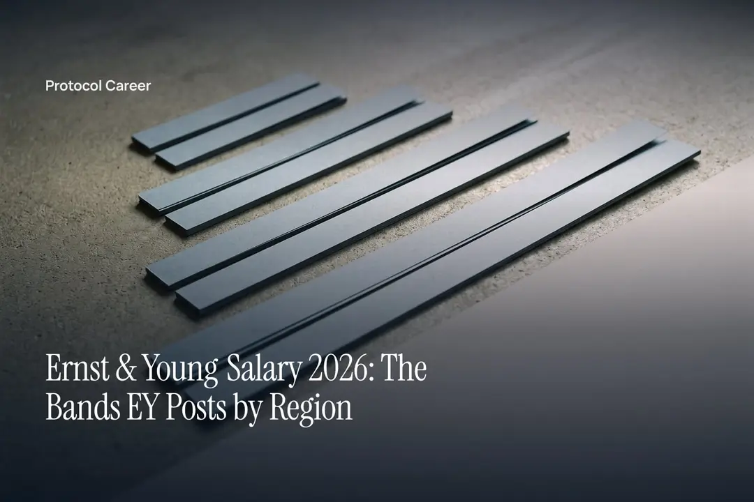 Four pairs of blank, graduated paper strips cast soft linear shadows across a flat grey surface. Title: “Ernst & Young Salary 2026: The Bands EY Posts by Region”, over the Protocol Career wordmark.