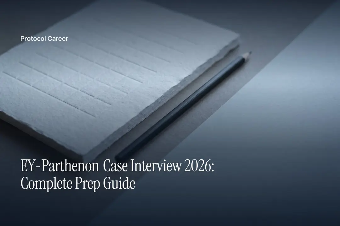 A textured paper sheet with an unprinted four-quadrant grid rests beside a graphite pencil on grey slate. Title: “EY-Parthenon Case Interview 2026: Complete Prep Guide”, over the Protocol Career wordmark.