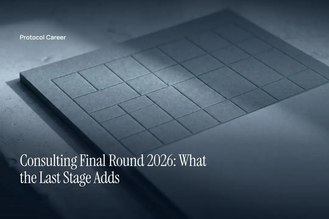 A blank debossed grid sheet resting on a light stone surface under directional light. Title: “Consulting Final Round 2026: What the Last Stage Adds”, over the Protocol Career wordmark.