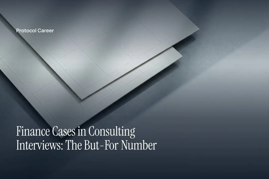 Two blank, textured grid sheets offset on a grey background under soft side light. Title: “Finance Cases in Consulting Interviews: The But-For Number”, over the Protocol Career wordmark.
