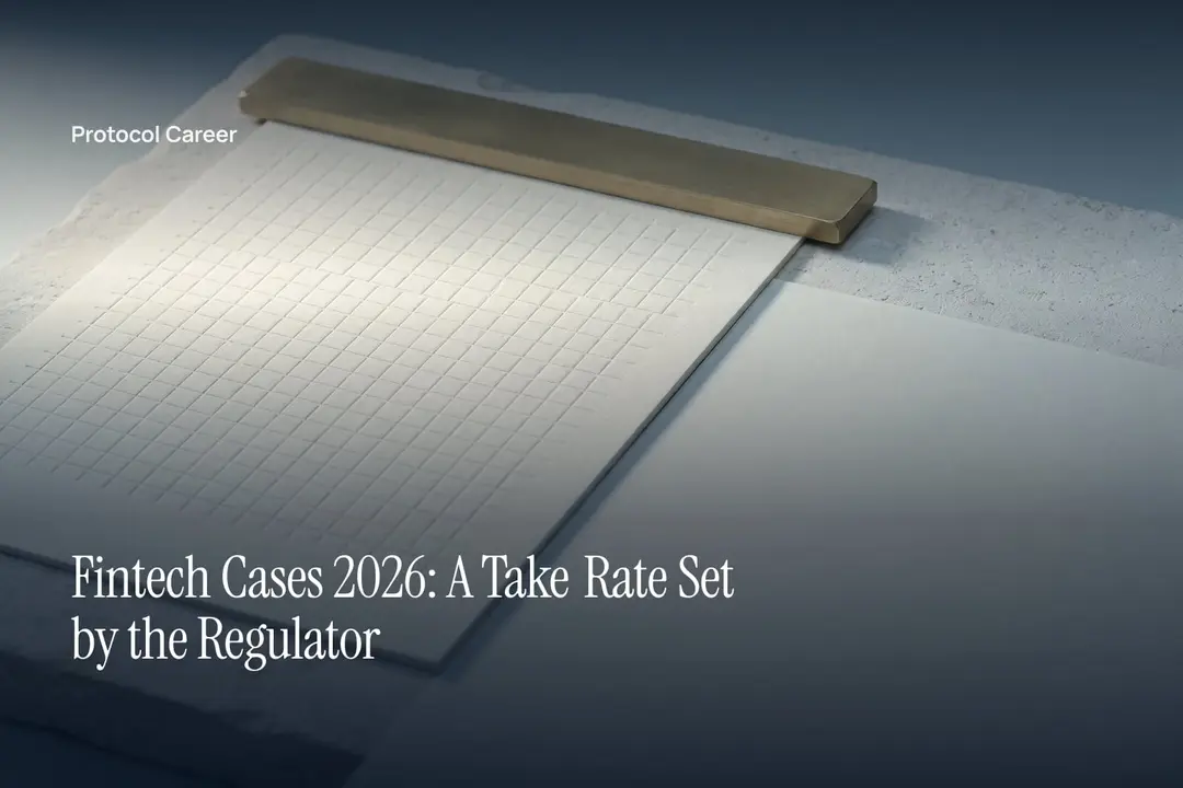 An unprinted debossed grid on heavy paper held by a brass rule on pale stone. Title: “Fintech Cases 2026: A Take Rate Set by the Regulator”, over the Protocol Career wordmark.