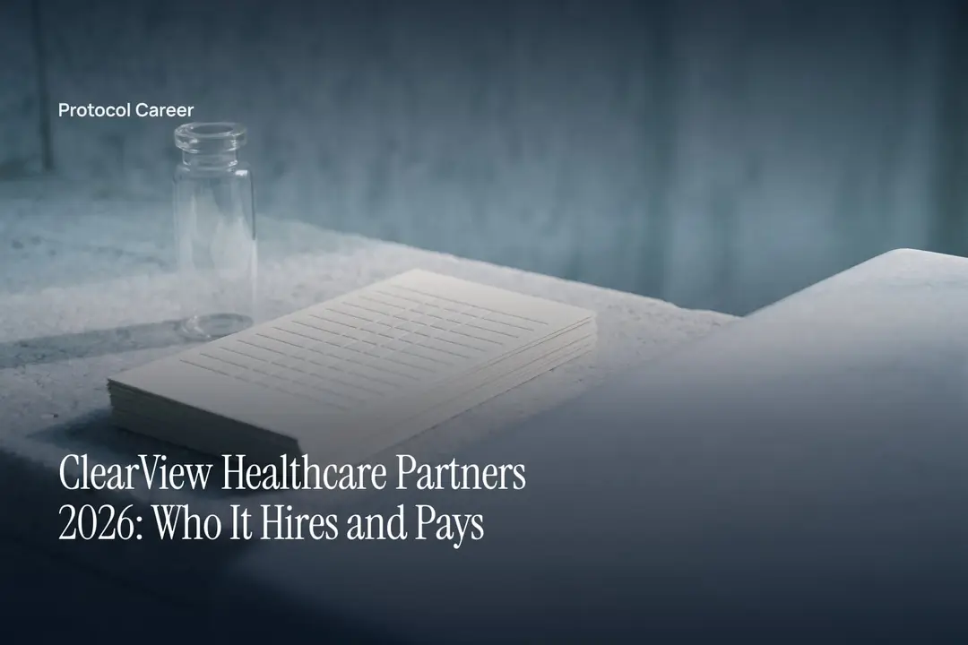 An unlabeled clear glass vial sits next to blank, grid-embossed cream cards on pale stone. Title: “ClearView Healthcare Partners 2026: Who It Hires and Pays”, over the Protocol Career wordmark.
