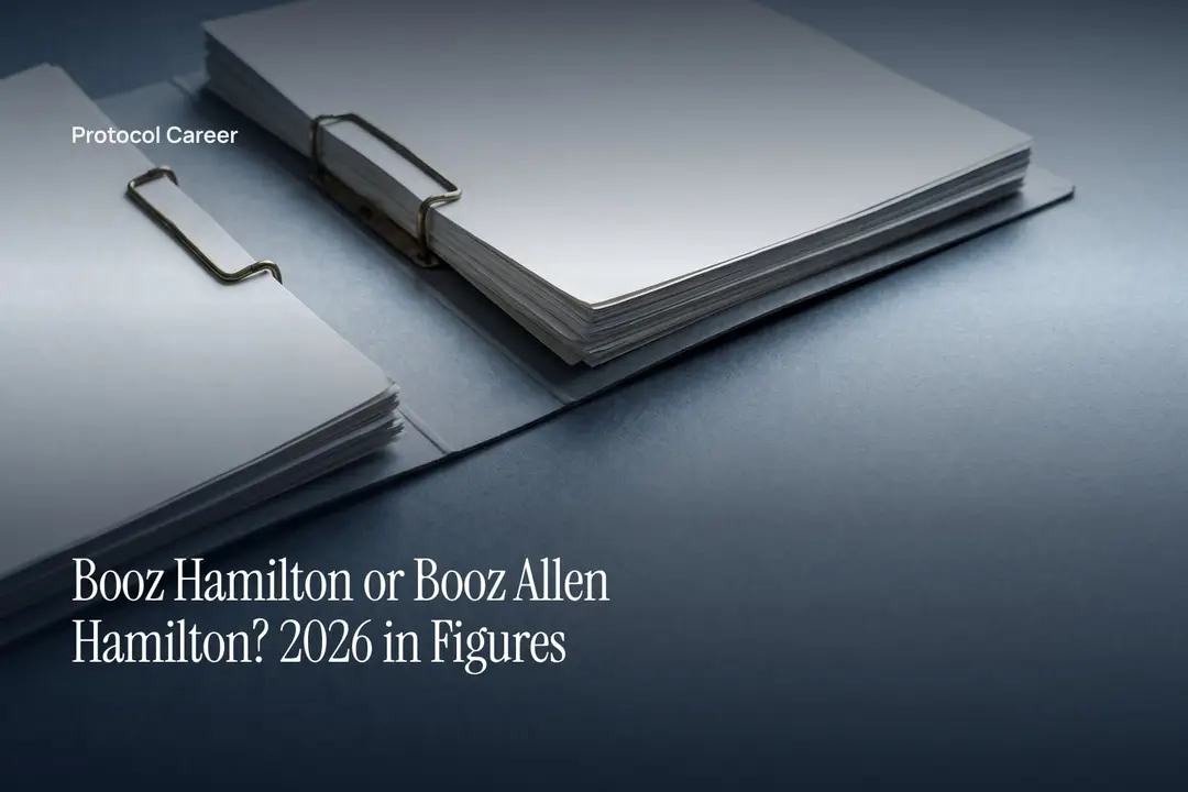 An open grey archival dossier with two bound stacks of blank paper on a smooth slate background. Title: “Booz Hamilton or Booz Allen Hamilton? 2026 in Figures”, over the Protocol Career wordmark.