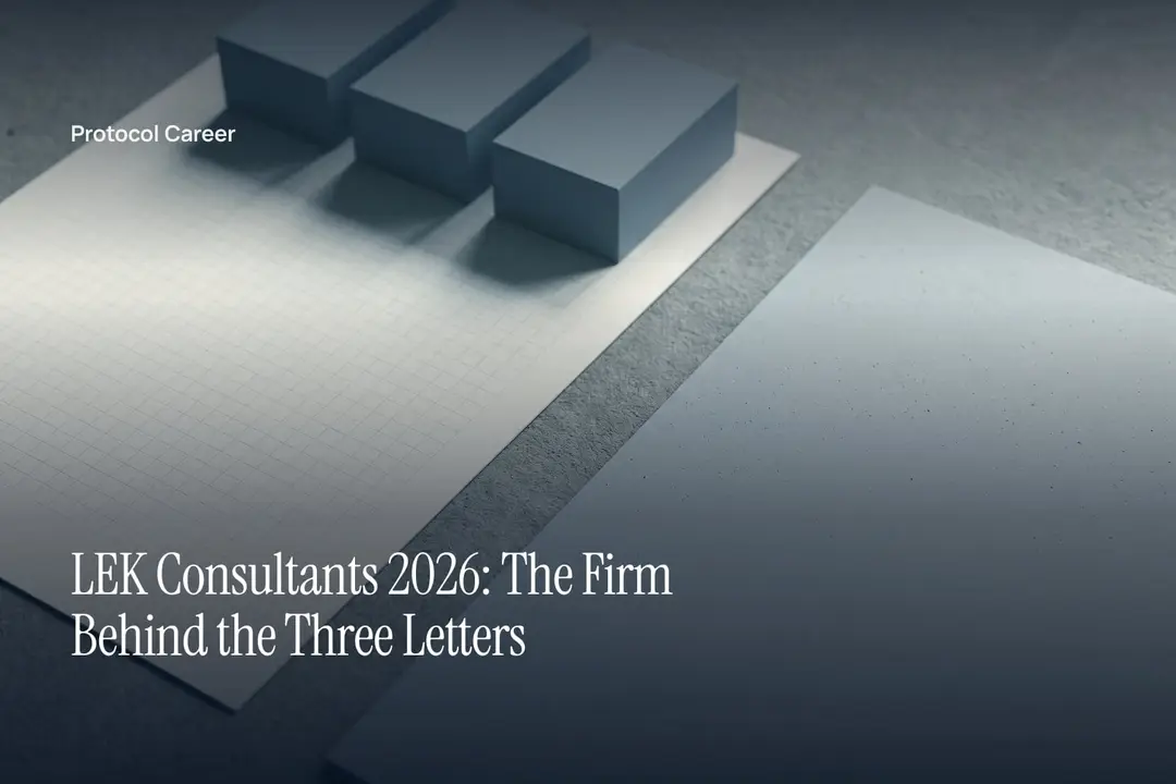 A blank debossed grid paper sheet and three minimalist blocks resting on a neutral, softly lit surface. Title: “LEK Consultants 2026: The Firm Behind the Three Letters”, over the Protocol Career wordmark.