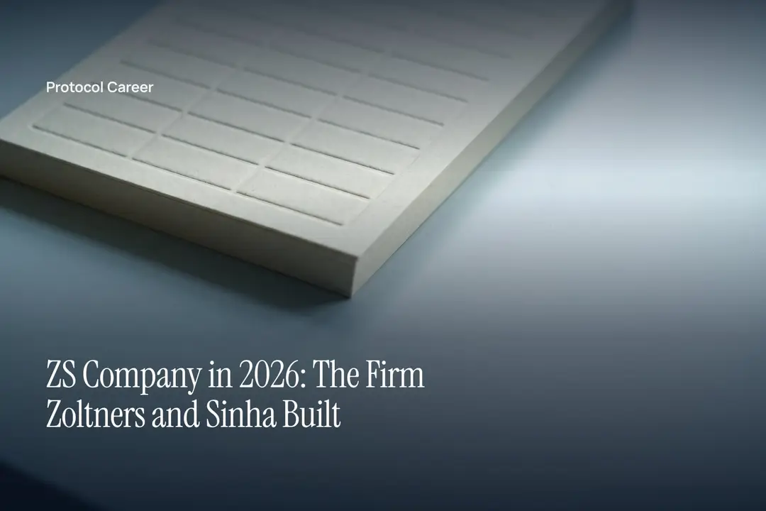 A debossed blank matrix card rests on a flat gray surface under soft directional light. Title: “ZS Company in 2026: The Firm Zoltners and Sinha Built”, over the Protocol Career wordmark.