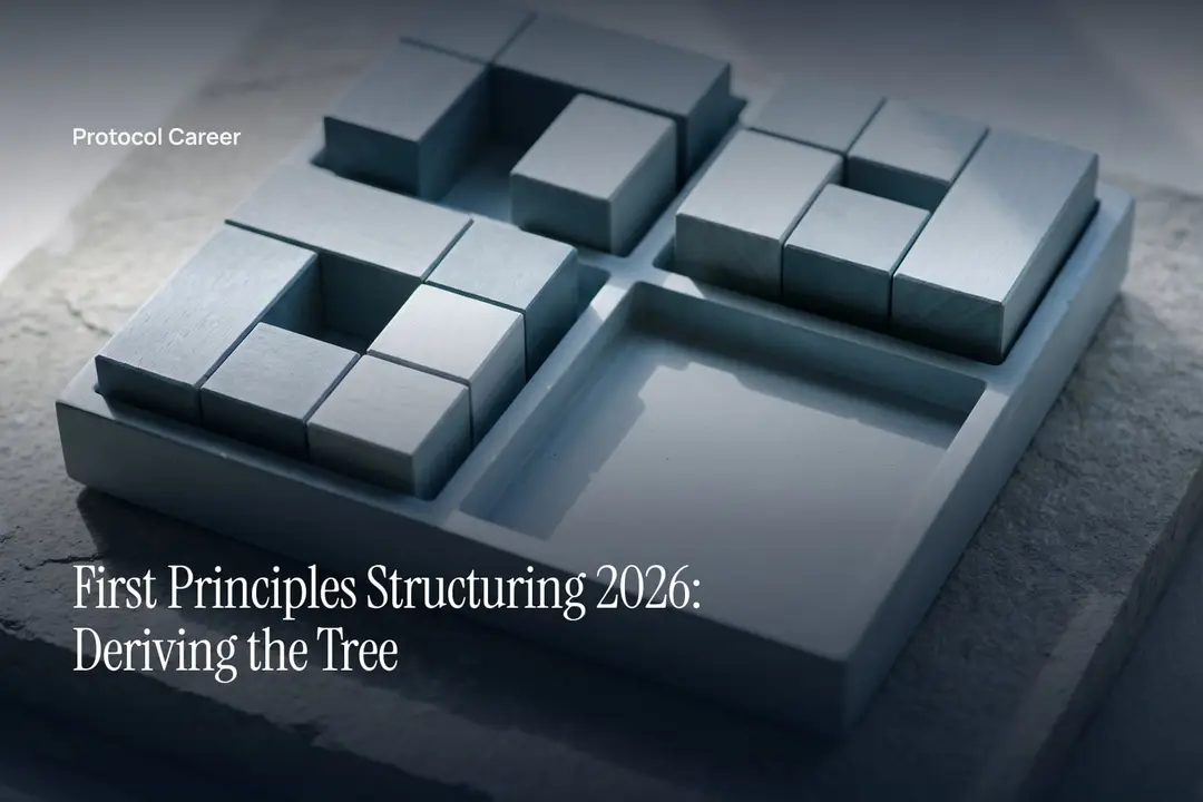A shallow plaster grid tray holding blank geometric blocks on a stone surface in soft directional light. Title: “First Principles Structuring 2026: Deriving the Tree”, over the Protocol Career wordmark.
