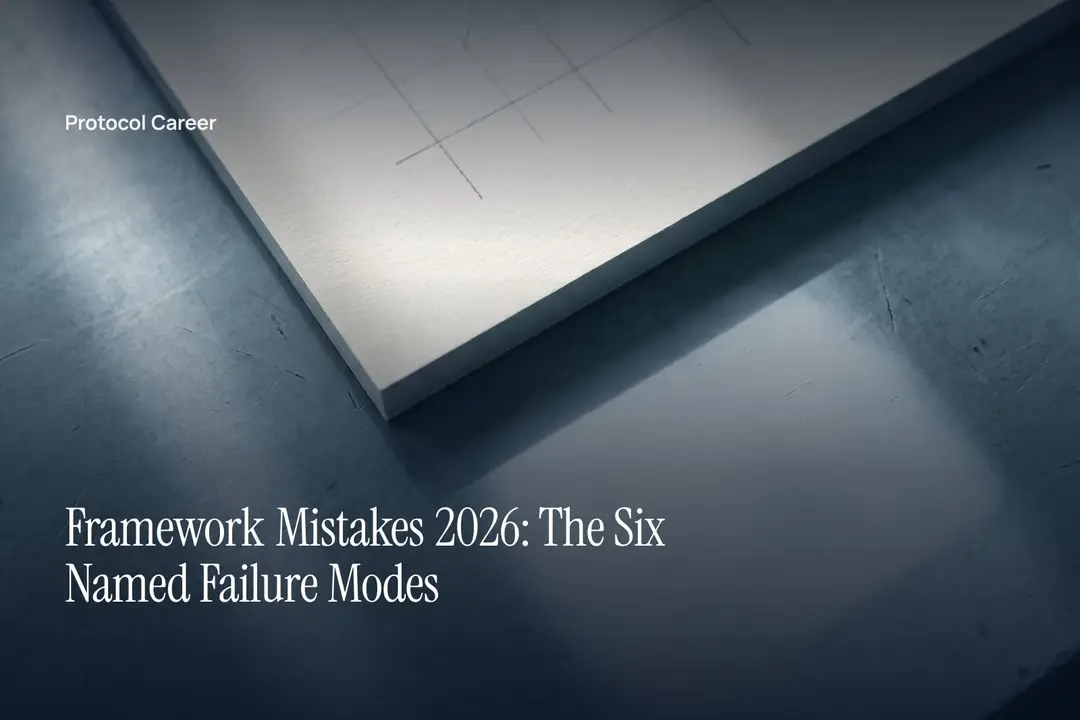 Heavy cardstock with a hand-drawn blank graphite grid resting on a minimal slate surface under soft light. Title: “Framework Mistakes 2026: The Six Named Failure Modes”, over the Protocol Career wordmark.