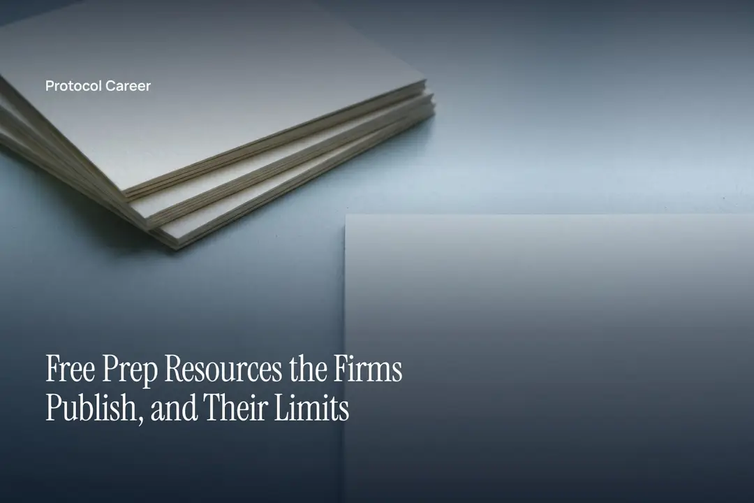 A neat stack of blank cream paper folios resting on a muted grey tabletop under soft light. Title: “Free Prep Resources the Firms Publish, and Their Limits”, over the Protocol Career wordmark.