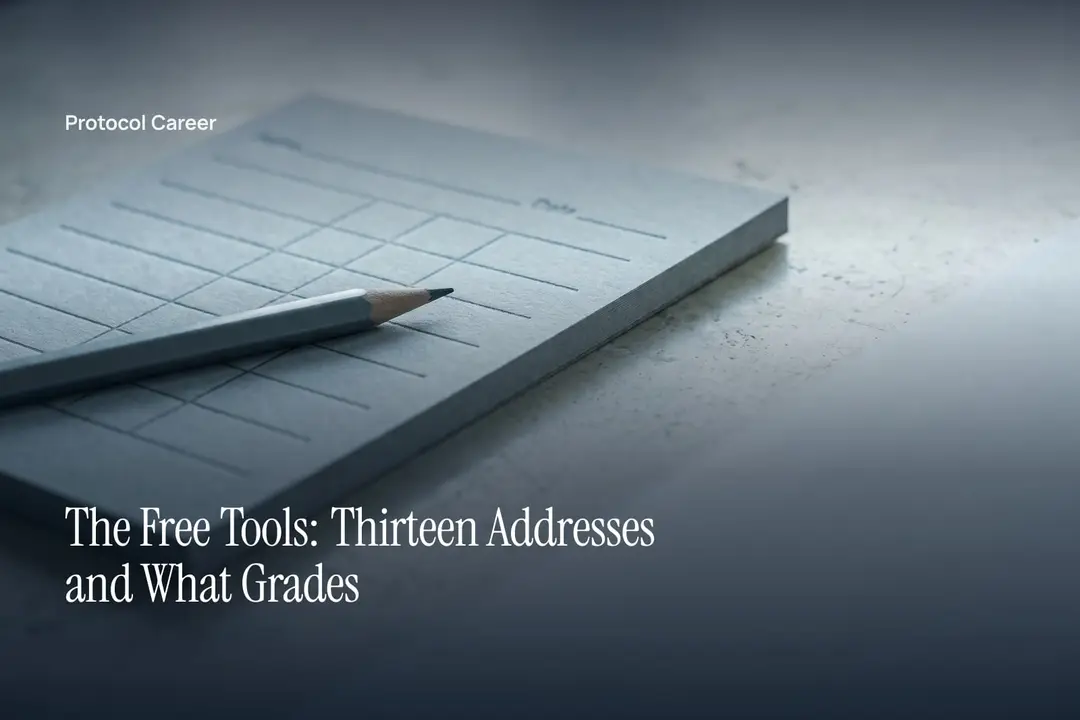 A blank debossed grid sheet and a graphite pencil rest on a smooth, softly lit stone surface. Title: “The Free Tools: Thirteen Addresses and What Grades”, over the Protocol Career wordmark.