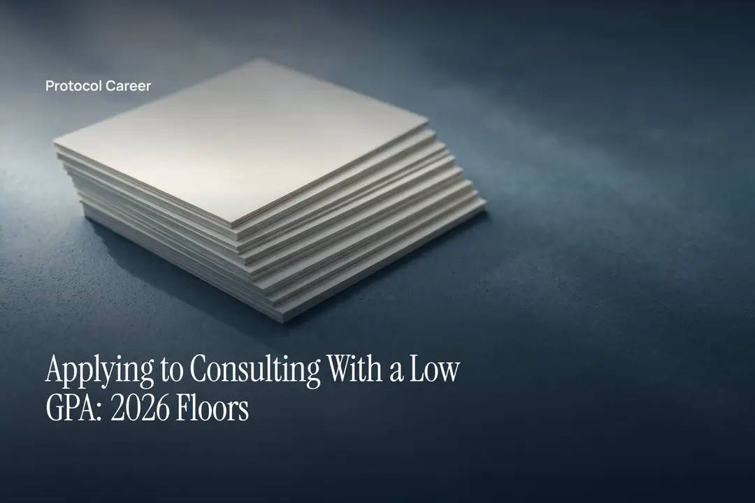 A clean, tiered stack of blank cream paper sheets casting soft shadows on a slate surface. Title: “Applying to Consulting With a Low GPA: 2026 Floors”, over the Protocol Career wordmark.