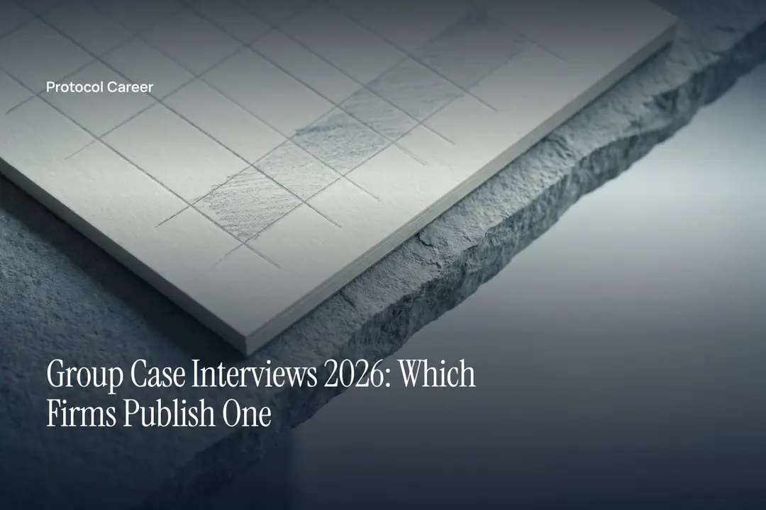 A thick cream card with an unprinted debossed grid rests on a grey stone tabletop in soft light. Title: “Group Case Interviews 2026: Which Firms Publish One”, over the Protocol Career wordmark.