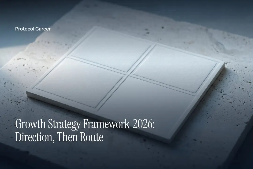 An unprinted off-white card debossed with a four-quadrant grid sits on a smooth grey stone surface. Title: “Growth Strategy Framework 2026: Direction, Then Route”, over the Protocol Career wordmark.