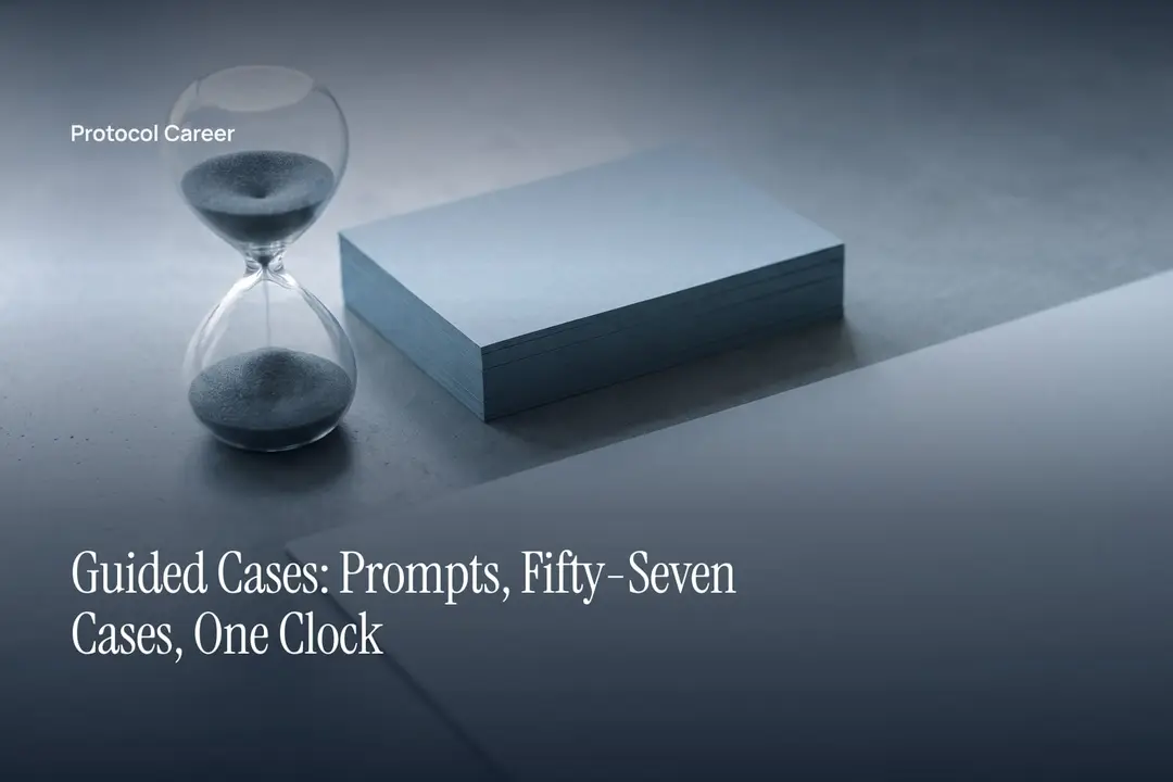 A glass hourglass sits next to a neat stack of blank cards on a neutral grey surface. Title: “Guided Cases: Prompts, Fifty-Seven Cases, One Clock”, over the Protocol Career wordmark.