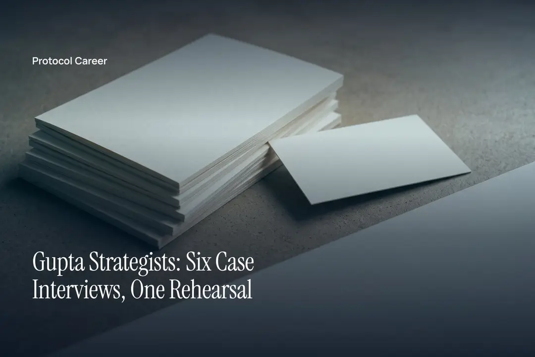 A neat stack of six blank cream folios beside a single separate card on stone. Title: “Gupta Strategists: Six Case Interviews, One Rehearsal”, over the Protocol Career wordmark.