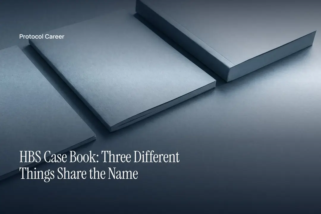 Three blank bound booklets resting on a dark matte surface in soft natural light. Title: “HBS Case Book: Three Different Things Share the Name”, over the Protocol Career wordmark.