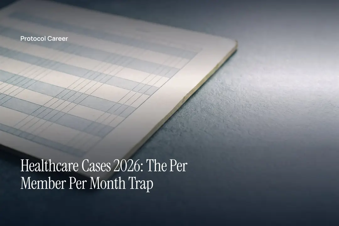 A blank debossed accounting ledger sheet rests on a slate-grey surface under soft directional light. Title: “Healthcare Cases 2026: The Per Member Per Month Trap”, over the Protocol Career wordmark.