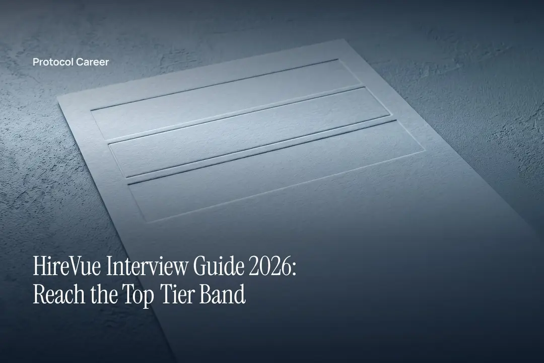 A blank, heavy paper sheet with three embossed horizontal bands rests on a smooth plaster surface. Title: “HireVue Interview Guide 2026: Reach the Top Tier Band”, over the Protocol Career wordmark.
