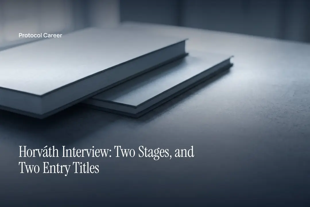 Two stepped, unlabelled paper folders sit on a light stone surface under gentle directional light. Title: “Horváth Interview: Two Stages, and Two Entry Titles”, over the Protocol Career wordmark.