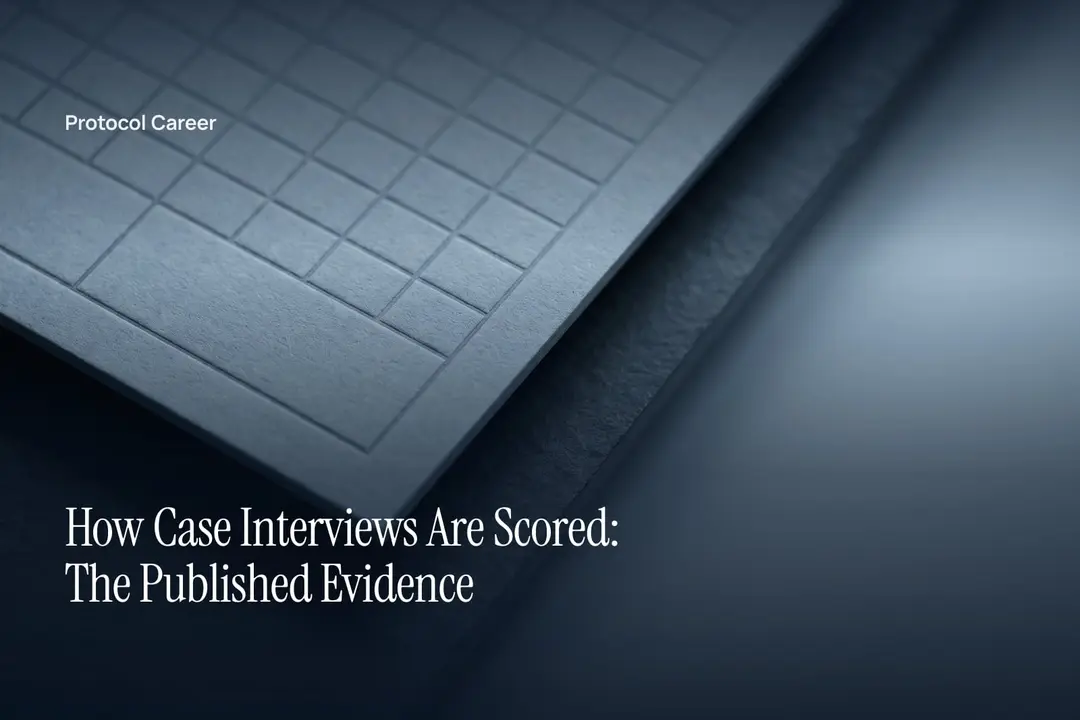 A thick, unprinted paper scorecard debossed with an empty evaluation grid rests on a matte surface. Title: “How Case Interviews Are Scored: The Published Evidence”, over the Protocol Career wordmark.
