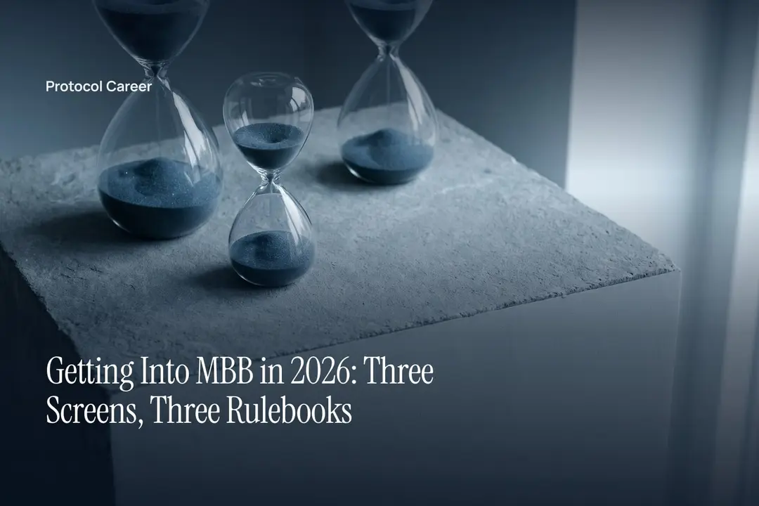 Three plain glass hourglasses of different sizes stand on a grey stone surface in soft light. Title: “Getting Into MBB in 2026: Three Screens, Three Rulebooks”, over the Protocol Career wordmark.