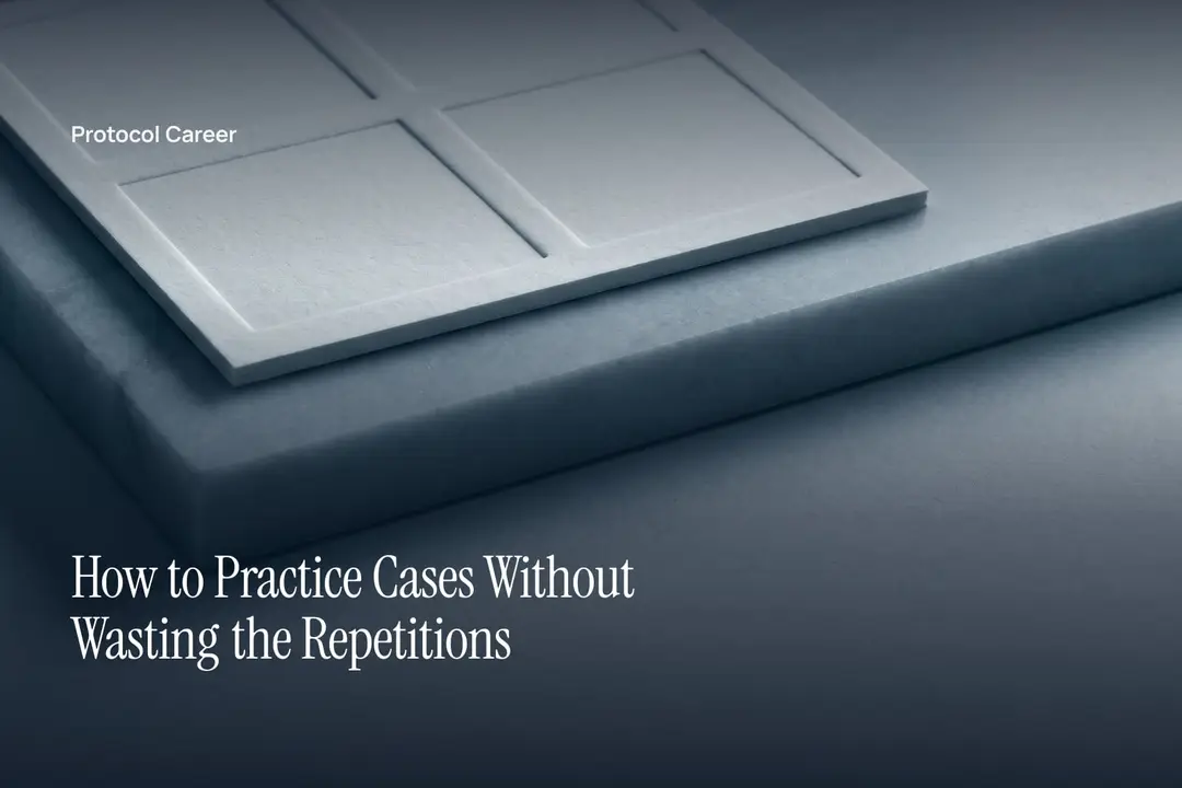 A blank cardstock sheet debossed with a four-section grid sits on a grey surface in soft light. Title: “How to Practice Cases Without Wasting the Repetitions”, over the Protocol Career wordmark.