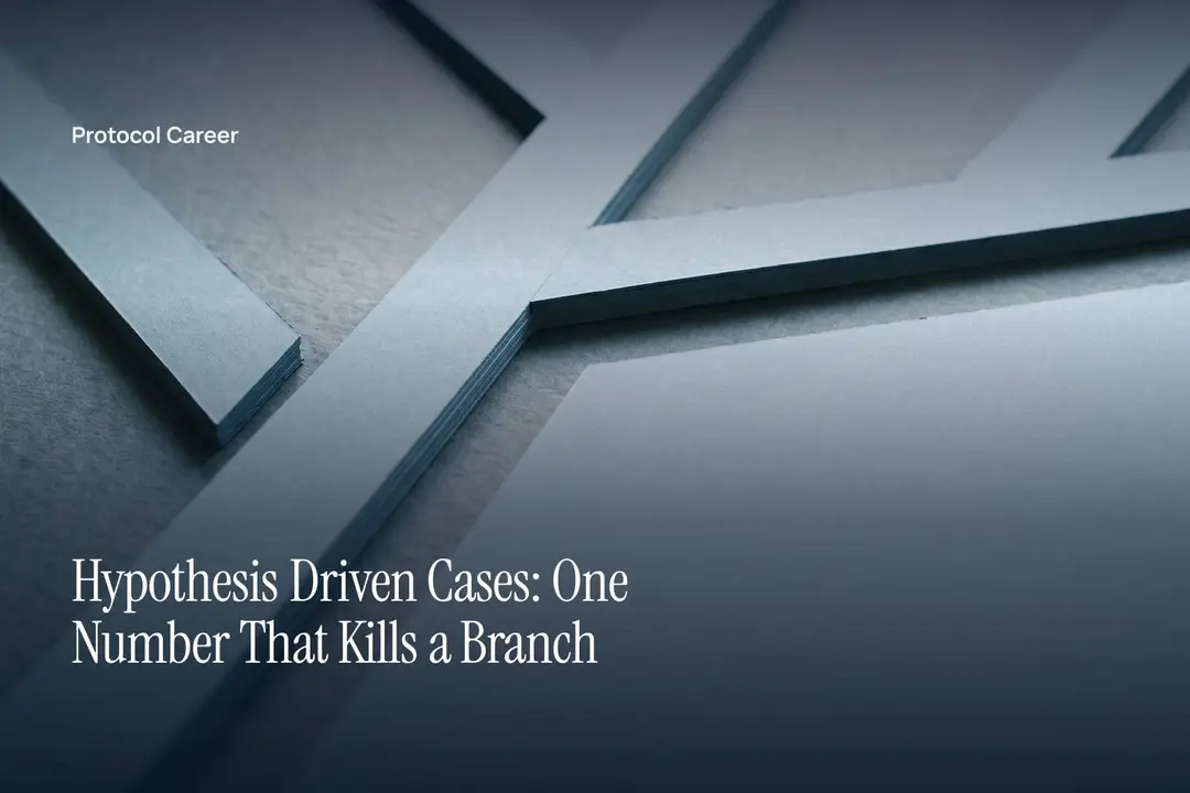 Blank cardstock strips arrange into a branching tree on a grey slate surface with one branch detached. Title: “Hypothesis Driven Cases: One Number That Kills a Branch”, over the Protocol Career wordmark.