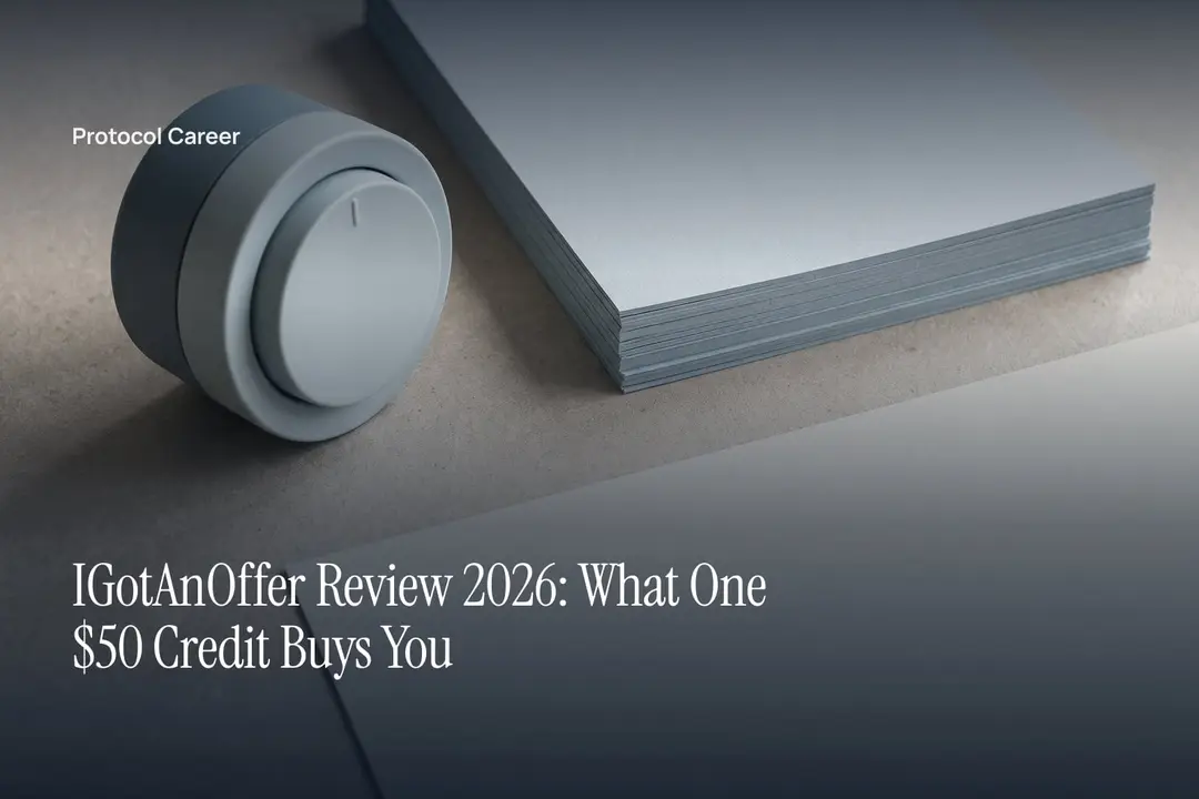 A minimalist ceramic desk timer rests beside a stack of blank sheets on a grey stone desk. Title: “IGotAnOffer Review 2026: What One $50 Credit Buys You”, over the Protocol Career wordmark.
