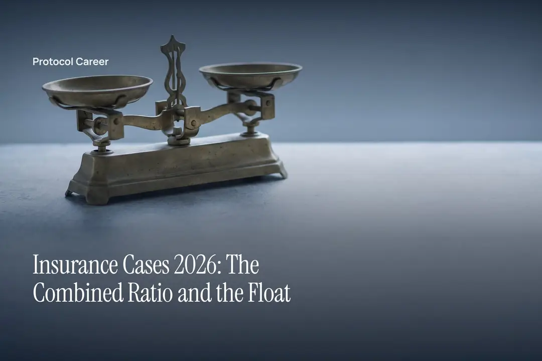 A matte brass balance scale rests on pale slate with empty space on the right. Title: “Insurance Cases 2026: The Combined Ratio and the Float”, over the Protocol Career wordmark.