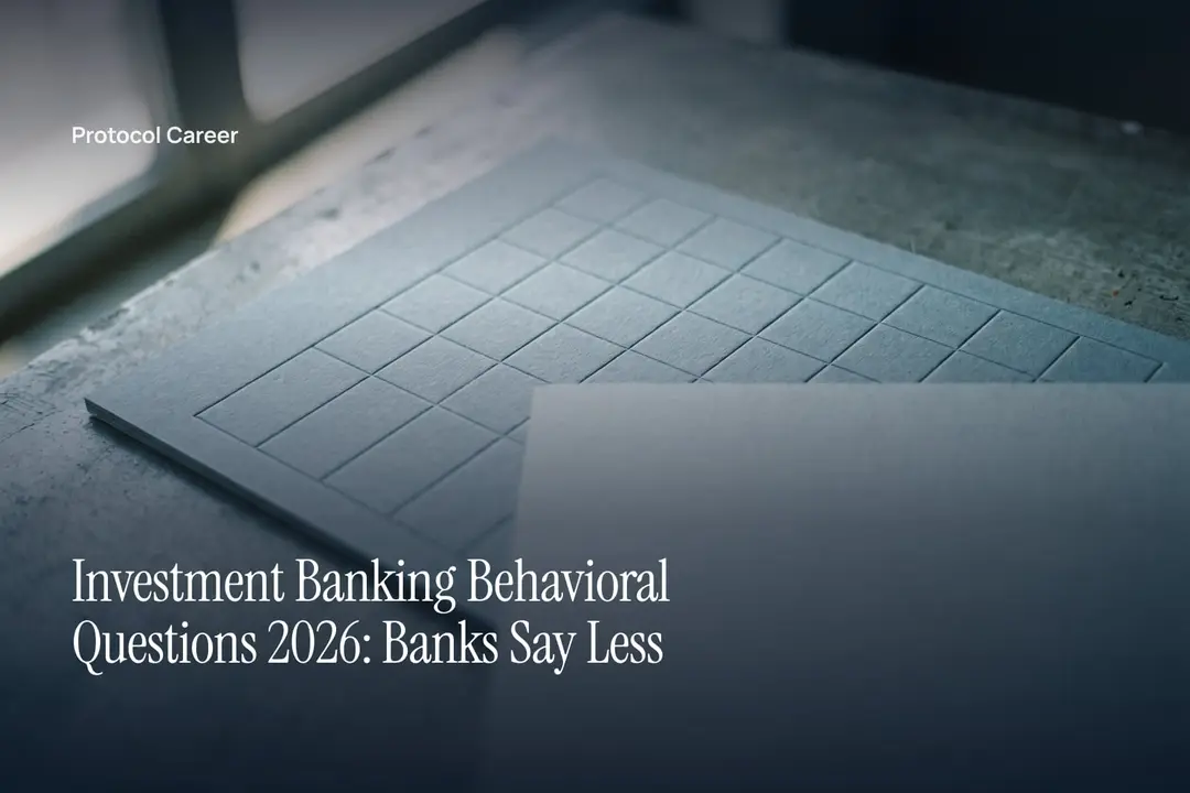 An evaluation rubric printed with empty matrix lines lies on a minimalist gray surface in soft light. Title: “Investment Banking Behavioral Questions 2026: Banks Say Less”, over the Protocol Career wordmark.