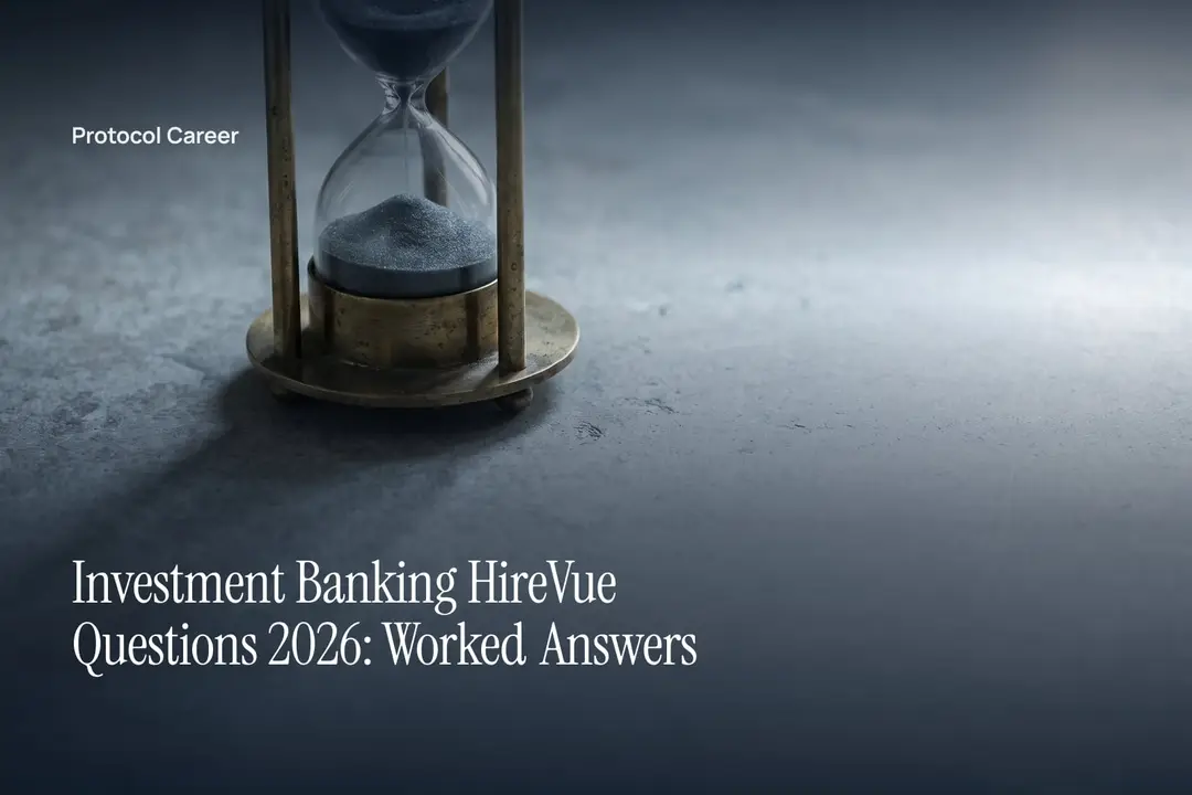A brass sand timer rests on a matte stone surface under soft directional light. Title: “Investment Banking HireVue Questions 2026: Worked Answers”, over the Protocol Career wordmark.