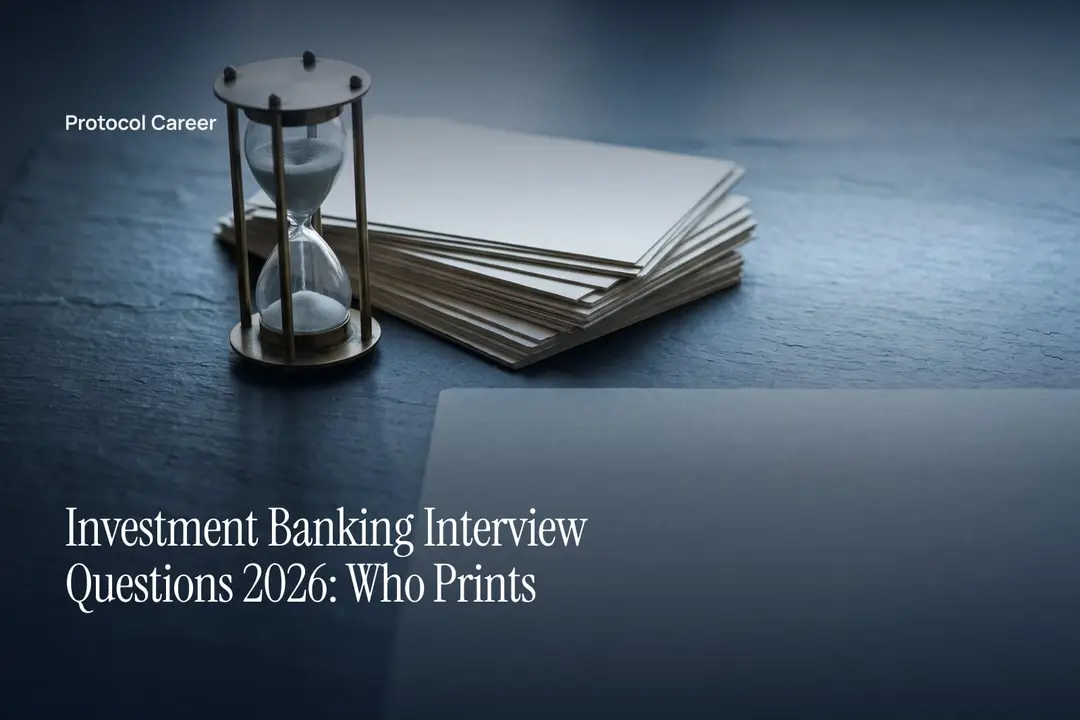 A brass hourglass stands beside a stack of blank cardstock on a dark slate surface. Title: “Investment Banking Interview Questions 2026: Who Prints”, over the Protocol Career wordmark.