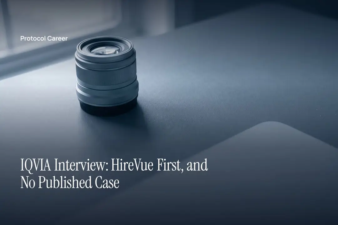 A compact black camera lens standing on a matte slate surface beside soft, directional morning shadows. Title: “IQVIA Interview: HireVue First, and No Published Case”, over the Protocol Career wordmark.