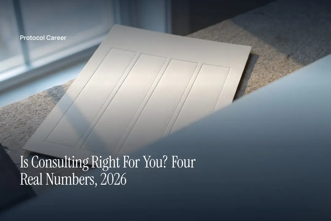 A blank, debossed four-column paper sheet lies under soft light on a smooth gray surface. Title: “Is Consulting Right For You? Four Real Numbers, 2026”, over the Protocol Career wordmark.