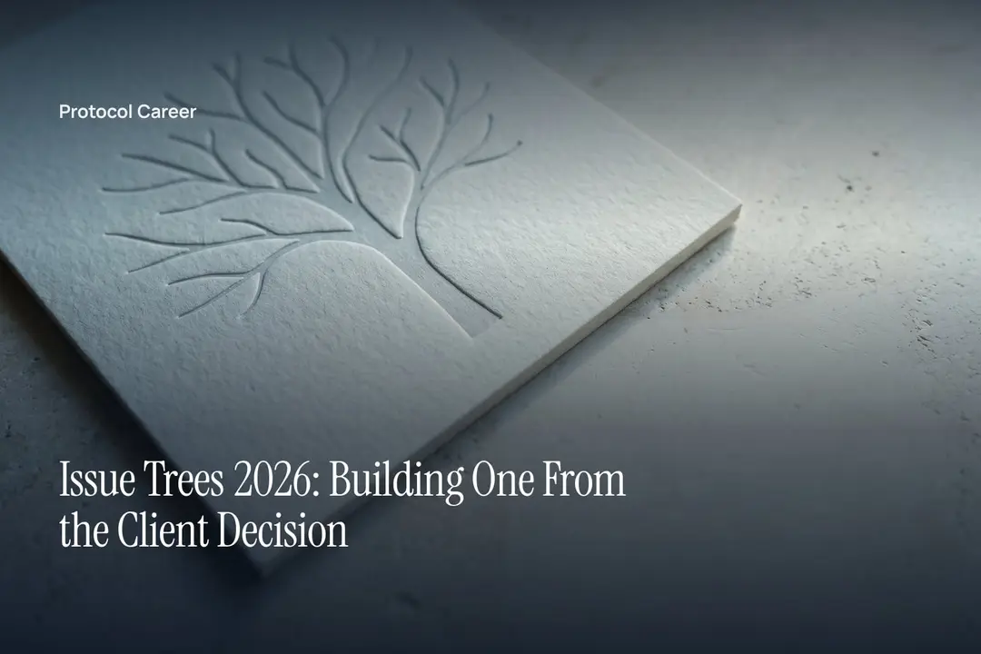 A minimalist cream card debossed with a wordless branching diagram on a neutral stone surface. Title: “Issue Trees 2026: Building One From the Client Decision”, over the Protocol Career wordmark.
