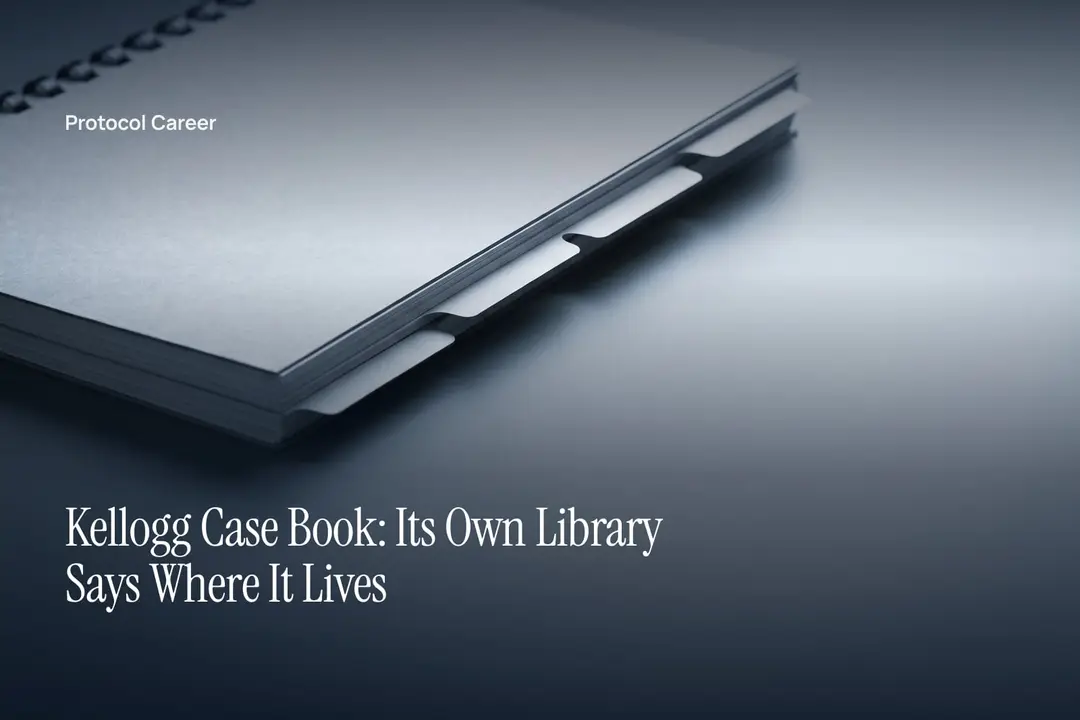 A blank comb-bound document with divider tabs lies on a grey tabletop in quiet directional light. Title: “Kellogg Case Book: Its Own Library Says Where It Lives”, over the Protocol Career wordmark.
