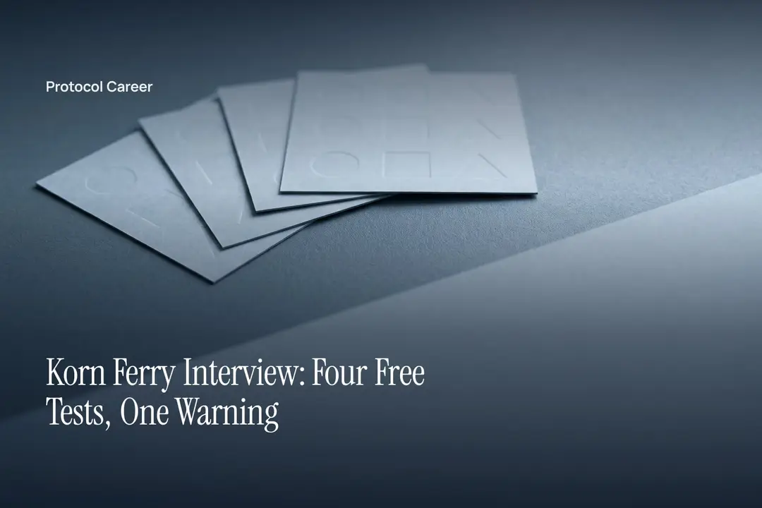 Four blank cardstock sheets with embossed geometric patterns rest on a neutral grey slate surface in soft light. Title: “Korn Ferry Interview: Four Free Tests, One Warning”, over the Protocol Career wordmark.