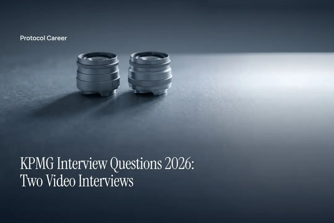 Two small matte black camera lenses resting together on a plain slate-gray surface in soft light. Title: “KPMG Interview Questions 2026: Two Video Interviews”, over the Protocol Career wordmark.
