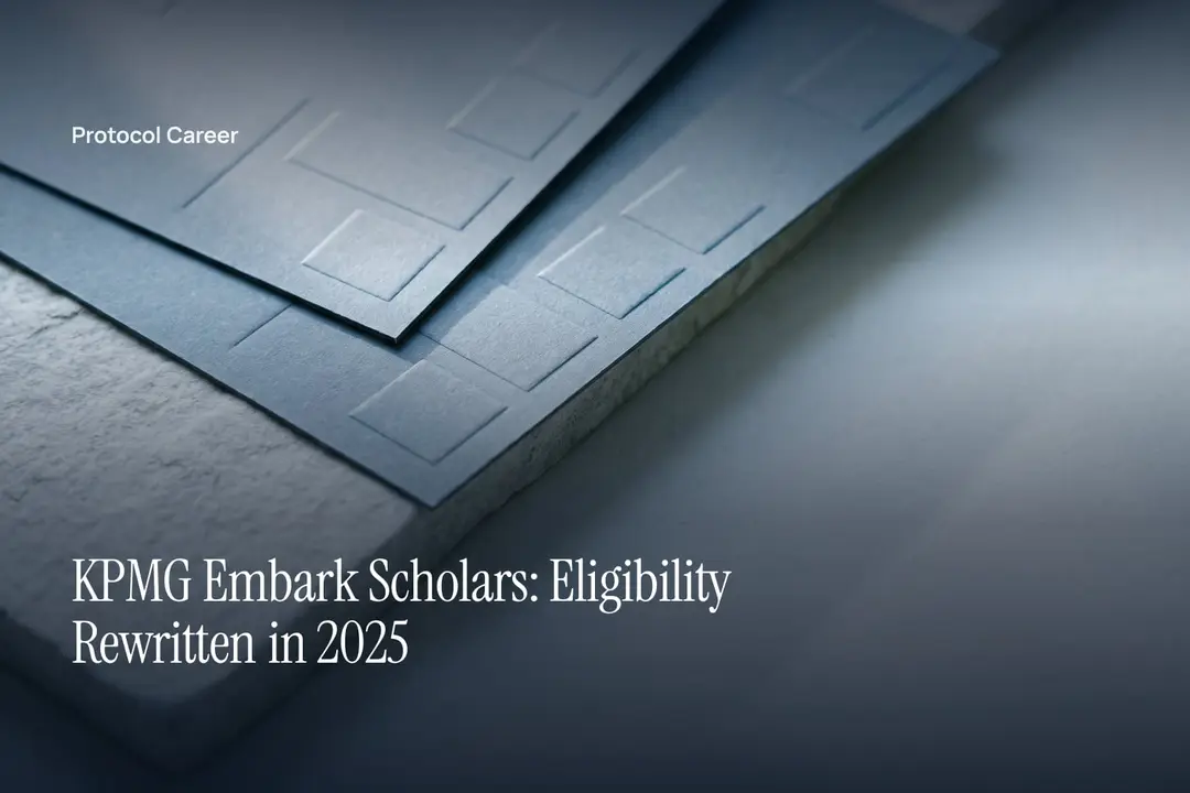 Two textured grey cardstock evaluation sheets with blank embossed grids lie on a smooth surface. Title: “KPMG Embark Scholars: Eligibility Rewritten in 2025”, over the Protocol Career wordmark.