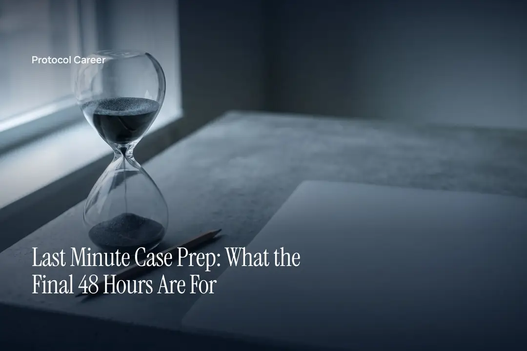A glass sand timer and a wooden pencil rest on a smooth, neutral surface under soft light. Title: “Last Minute Case Prep: What the Final 48 Hours Are For”, over the Protocol Career wordmark.