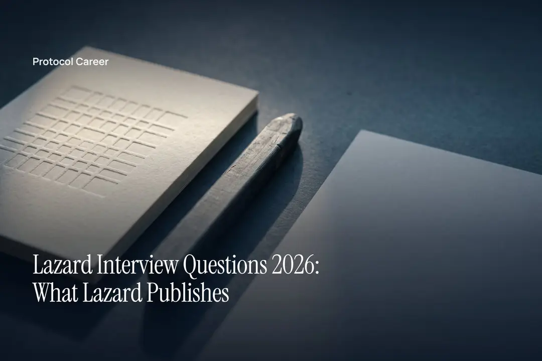 A blank grid scorecard and a graphite stick rest on a matte slate surface in soft light. Title: “Lazard Interview Questions 2026: What Lazard Publishes”, over the Protocol Career wordmark.